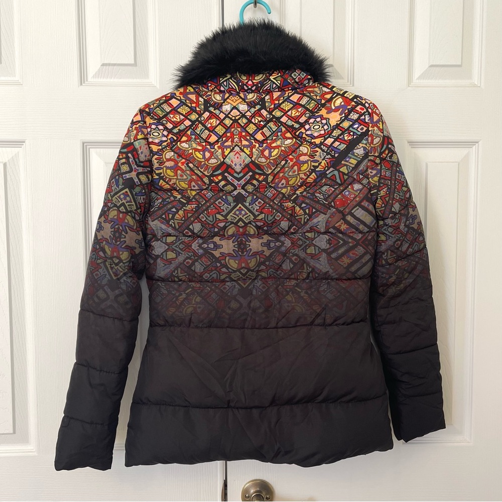 🤑 SALE Desigual Ombré Black Multi Fur trim Stained Glass Puffer Coat - Picture 5 of 14